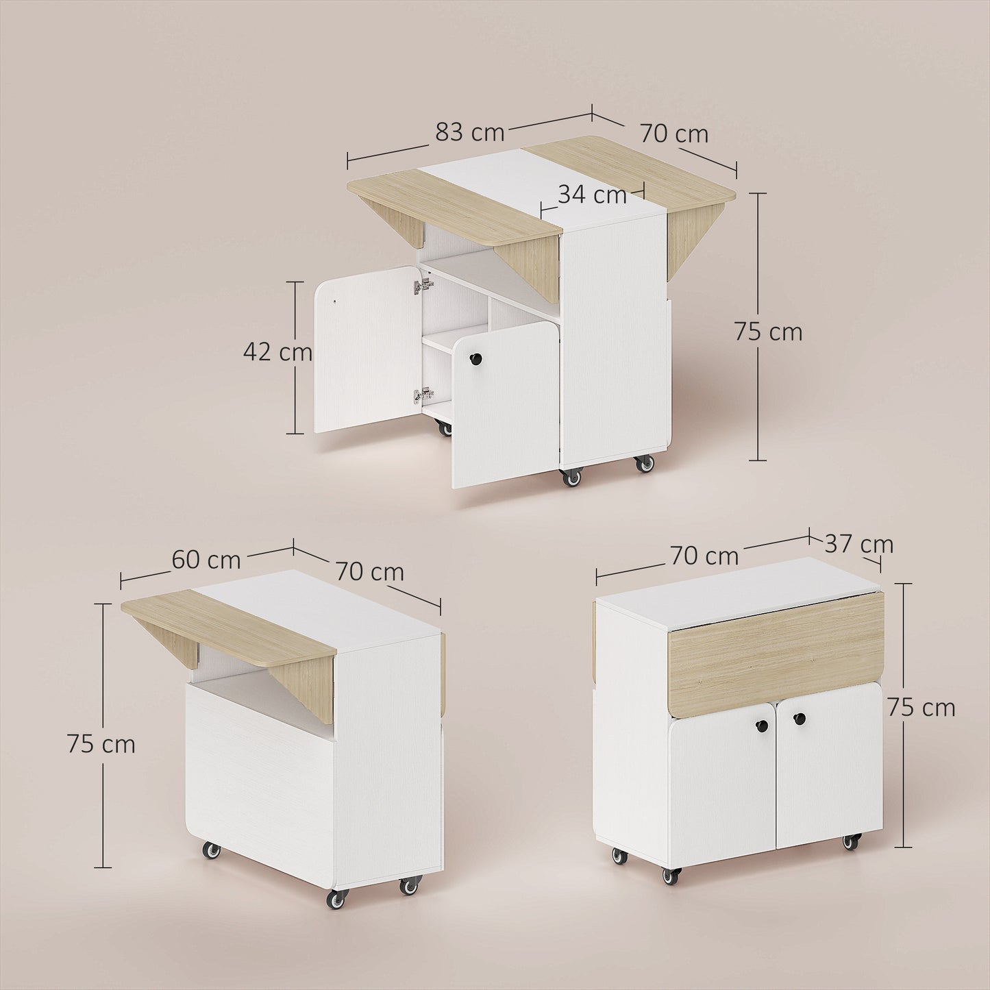 Folding Dining Table, Rolling Drop Leaf Table with Hidden Shelf & Cabinet for Dining Room, Small Spaces, White