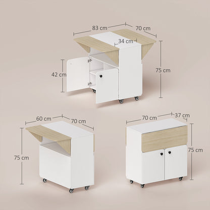 Folding Dining Table, Rolling Drop Leaf Table with Hidden Shelf & Cabinet for Dining Room, Small Spaces, White