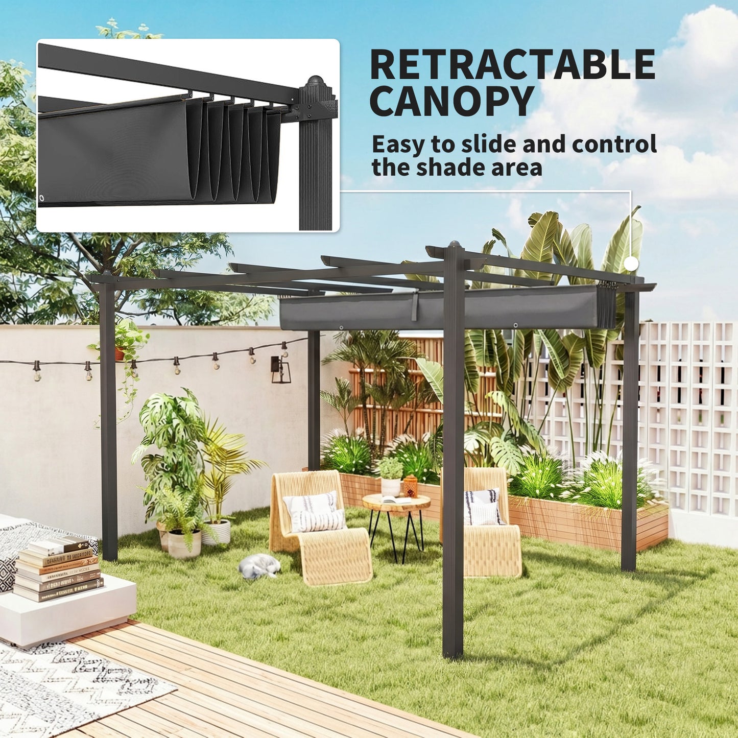 3 x 4m Aluminium Pergola, with Retractable Roof - Dark Grey