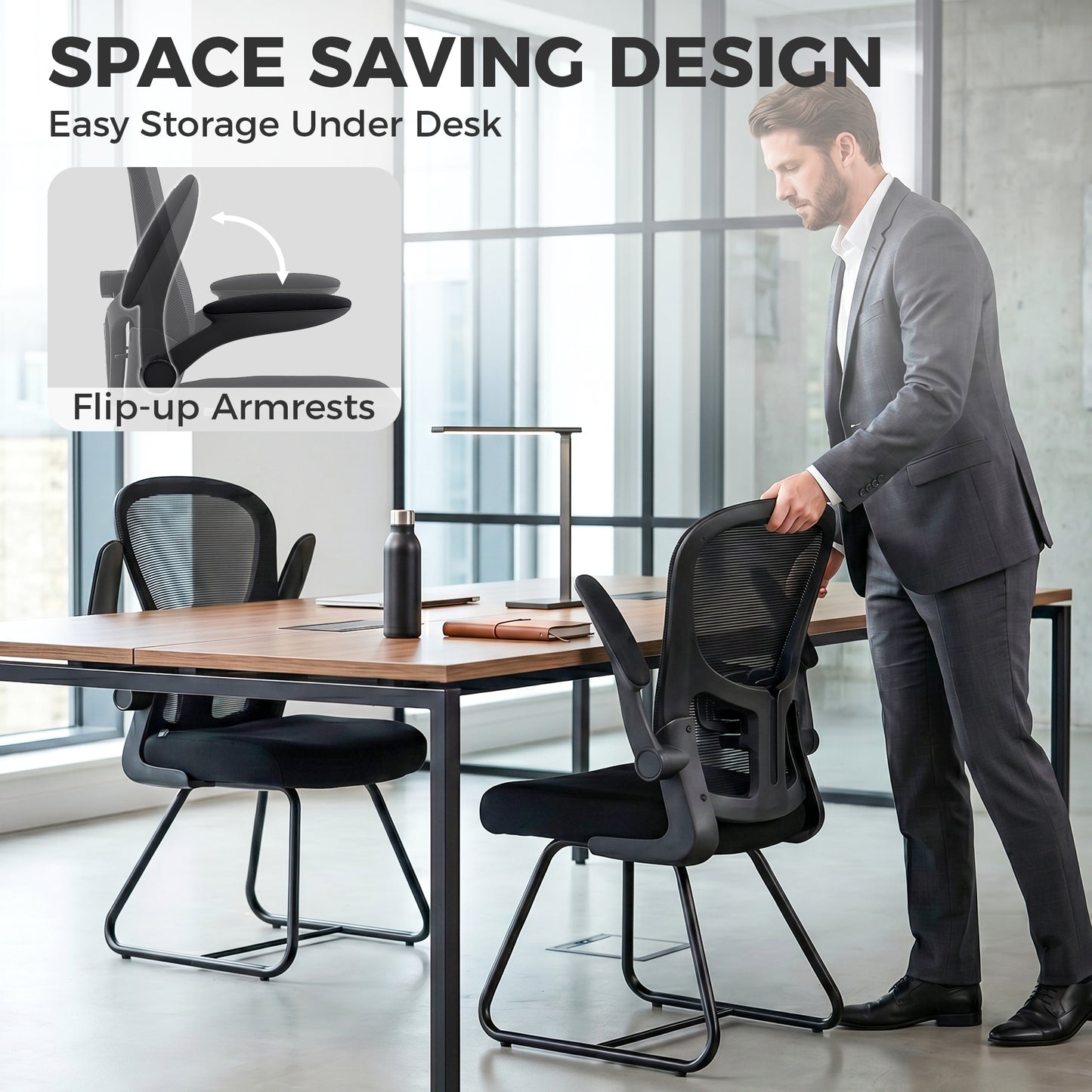Reception Chair, Conference Meeting Office Chair with Flip-up Armrest, Mesh Backrest, Lumbar Support and Metal Base