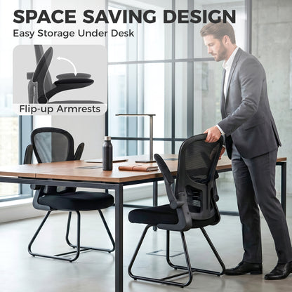 Reception Chair, Conference Meeting Office Chair with Flip-up Armrest, Mesh Backrest, Lumbar Support and Metal Base