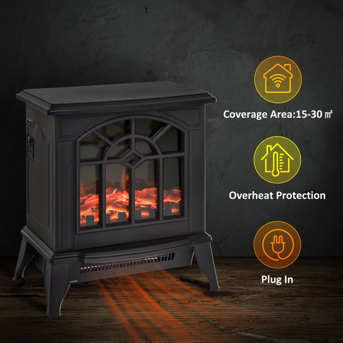 1000W/2000W Freestanding Electrical Fireplace Indoor Heater Stove Log Wood LED Burning Effect Flame with Thermostat Control B