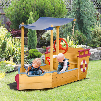 Sand Pit, Kids Wooden Sandbox Pirate Ship, Sandboat Play Station with Canopy Shade