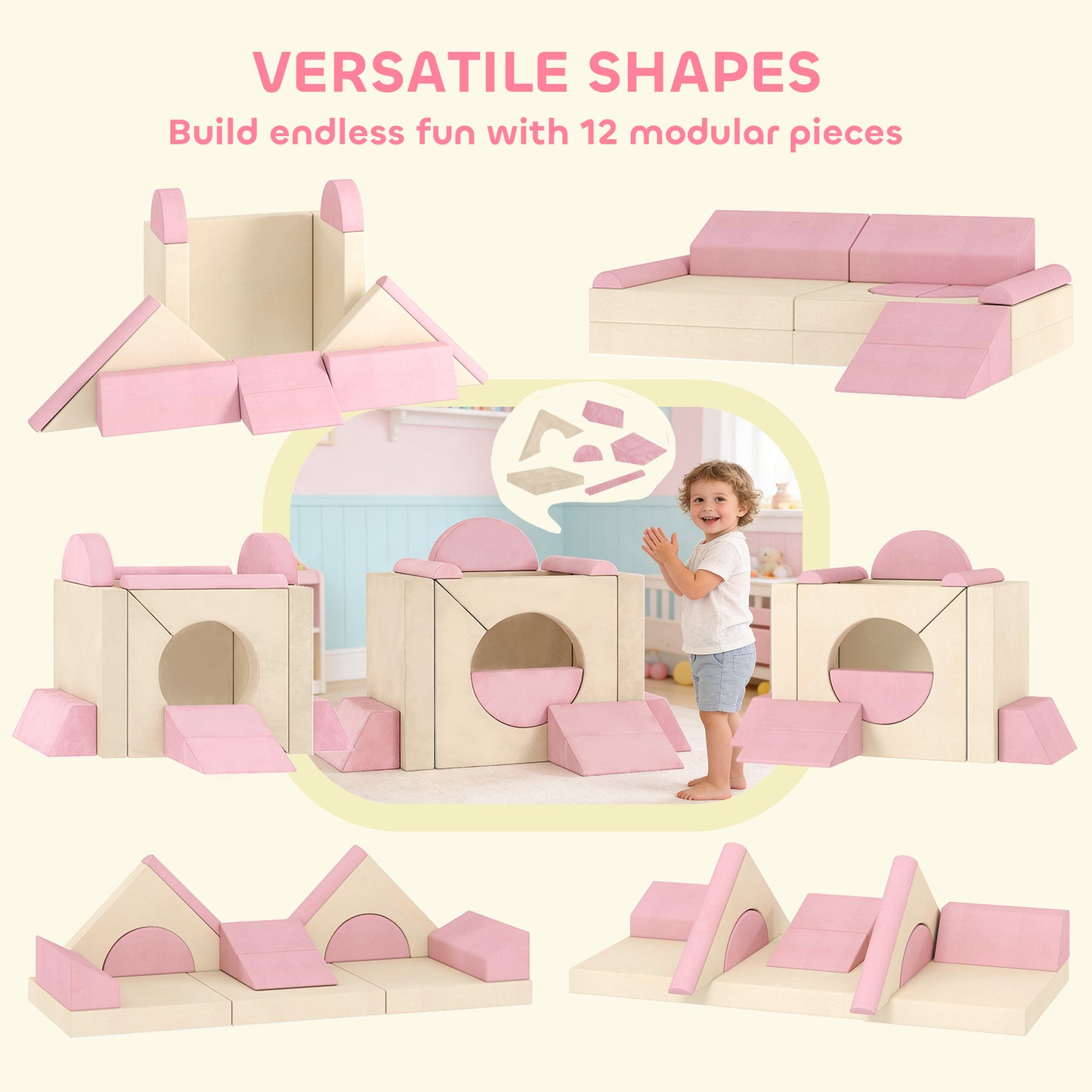 Kids Play Sofa, 12 Pieces Foam Modular Soft Play Set for Playroom, Children Convertible Sofa for Boys and Girls, Pink