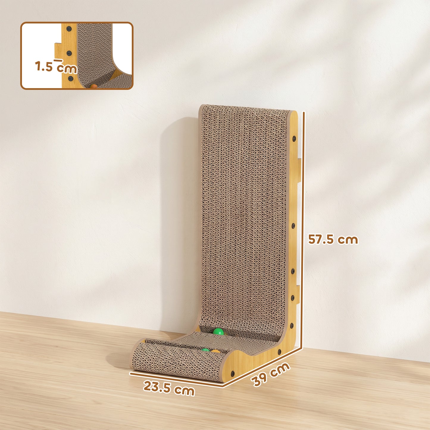 Cat Scratching Board Wall Mounted Cat Scratcher Corrugated 3 Toy Balls 39 x 23.5 x 57.5 cm Brown