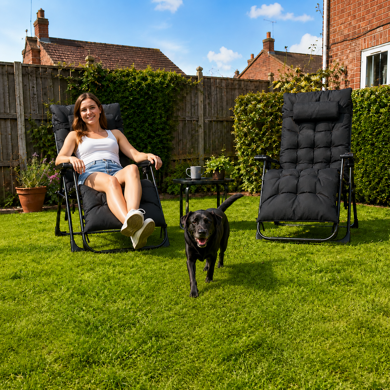 2 Piece Reclining Zero Gravity Sun Loungers with Cushions, Black
