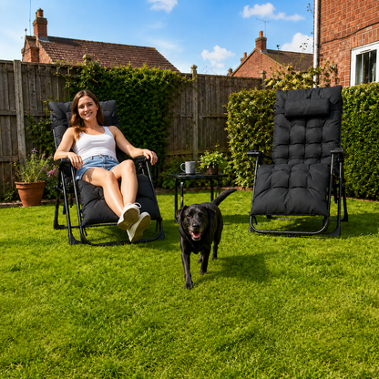 2 Piece Reclining Zero Gravity Sun Loungers with Cushions, Black