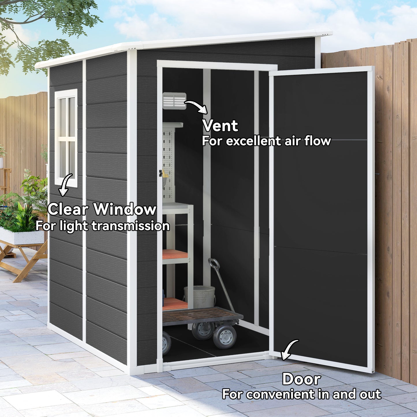 4 x 5FT Garden Storage Shed, Lean to Shed, Lockable Garden Shed with Window, Vent and Plastic Roof, Black