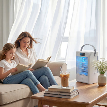 Portable Air Conditioner, 4-in-1 Mini Air Cooler with 4 Wind Speed, 2 Cool Mist, RGB 7 LED Light, White