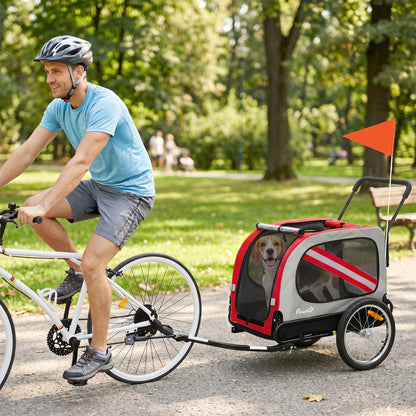 2-In-1 Dog Bike Trailer Pet Stroller with Universal Wheel Reflector Flag Red