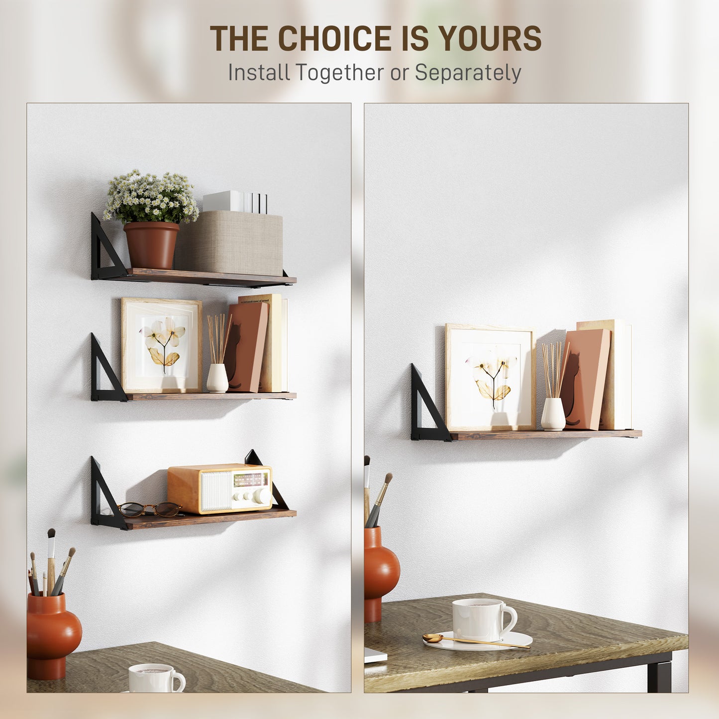 Set of 3 Wall Shelves, 43cm Vintage Wall Mounted Floating Shelves for Living Room, Entryway, Bedroom, Rustic Brown