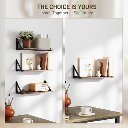 Set of 3 Wall Shelves, 43cm Vintage Wall Mounted Floating Shelves for Living Room, Entryway, Bedroom, Rustic Brown