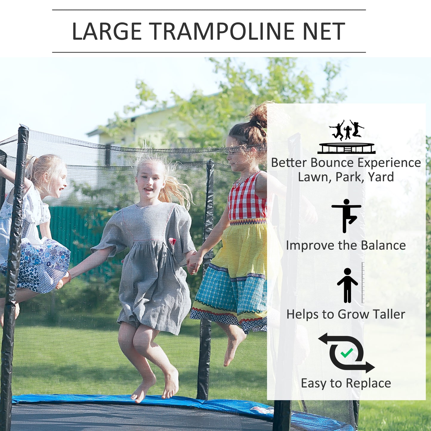 13ft Trampoline Net Replacement Safety Net Enclosure Net Spare w/ 8 Poles