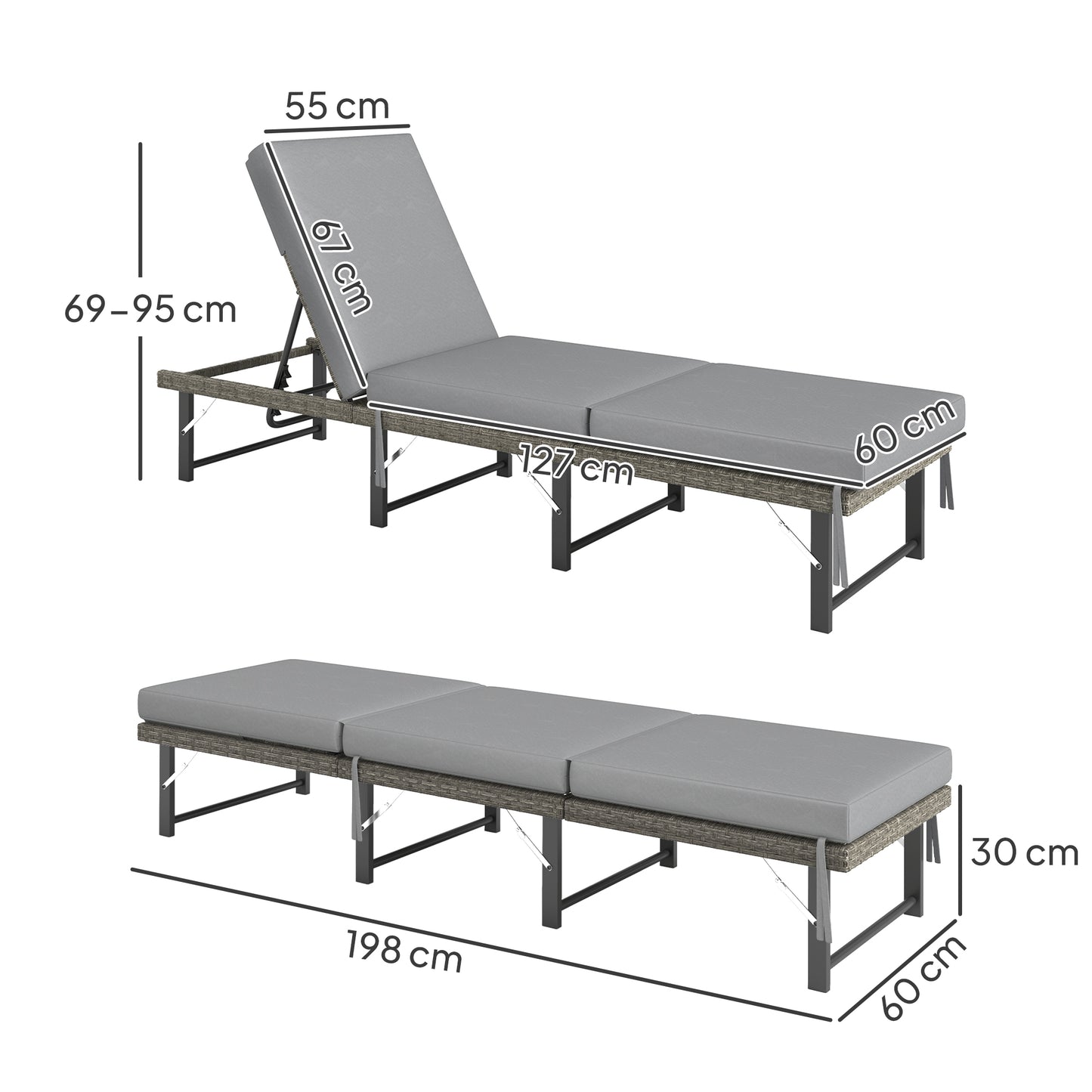 Single Folding Rattan Sun Lounger, with Cushion - Grey