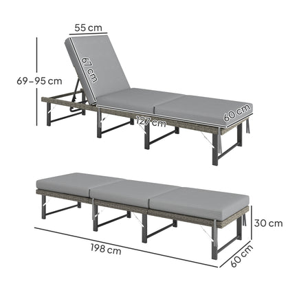 Single Folding Rattan Sun Lounger, with Cushion - Grey