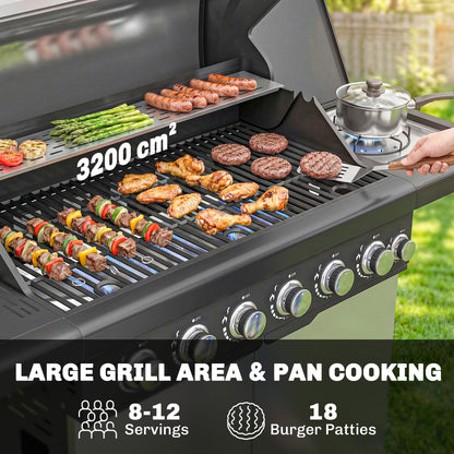 6+1 Burner Gas BBQ Grill, Outdoor Barbecue Trolley with Wheels, Warming Rack, Thermometer, Bottle Opener, Silver Tone