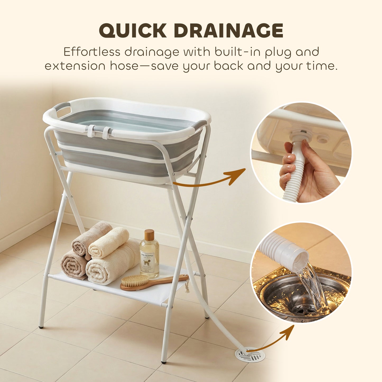 Dog Bath Tub, Portable Foldable Dog Bathtub with Stand, Drainage Hole, for Small Dogs Puppies Grey