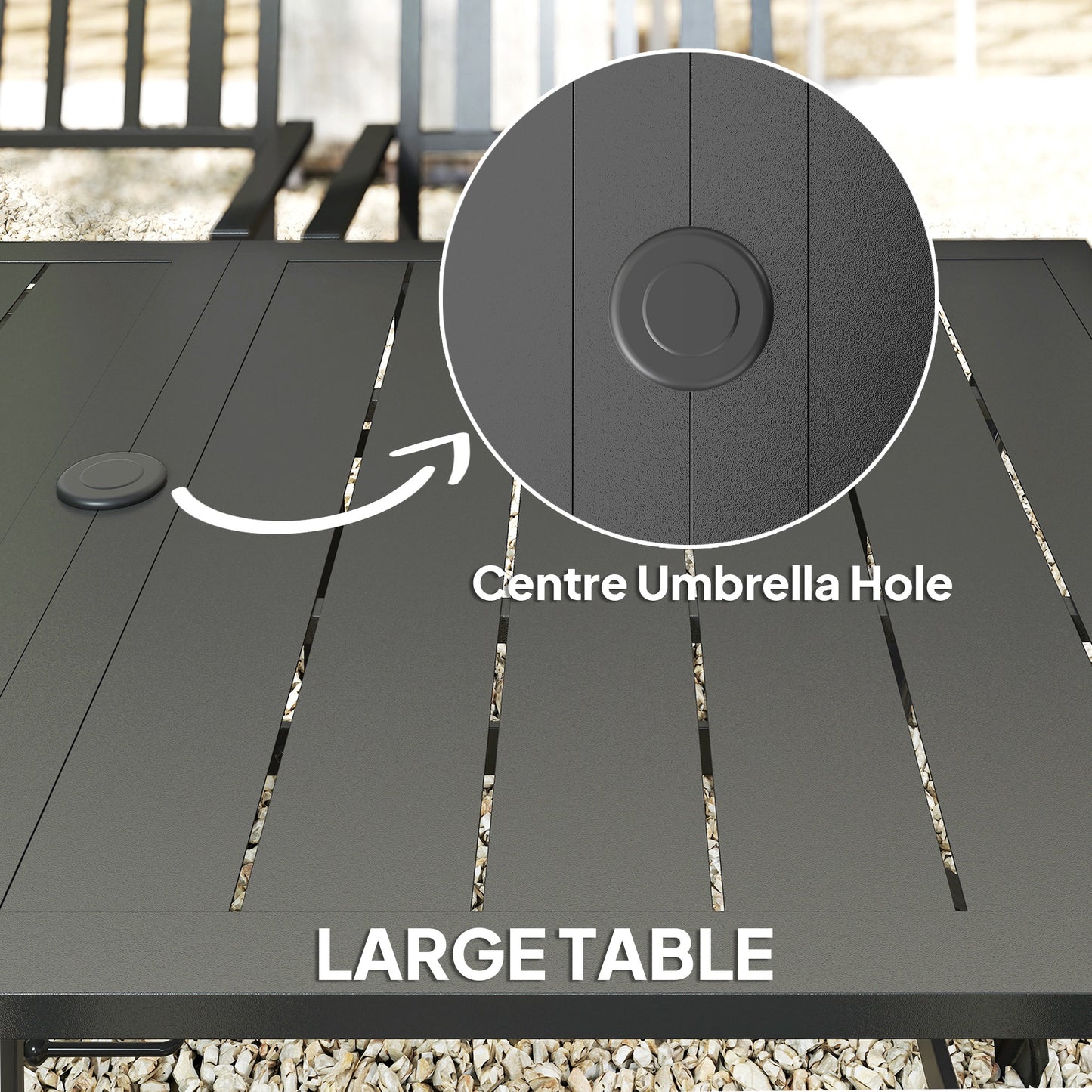 7 Pieces Garden Table and Chairs 6 Seater Outdoor Table and Chairs with Umbrella Hole, for Poolside, Garden, Black