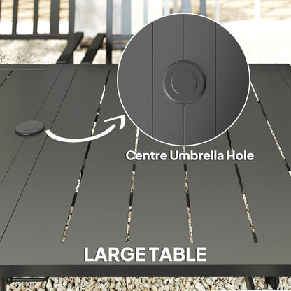 7 Pieces Garden Table and Chairs 6 Seater Outdoor Table and Chairs with Umbrella Hole, for Poolside, Garden, Black