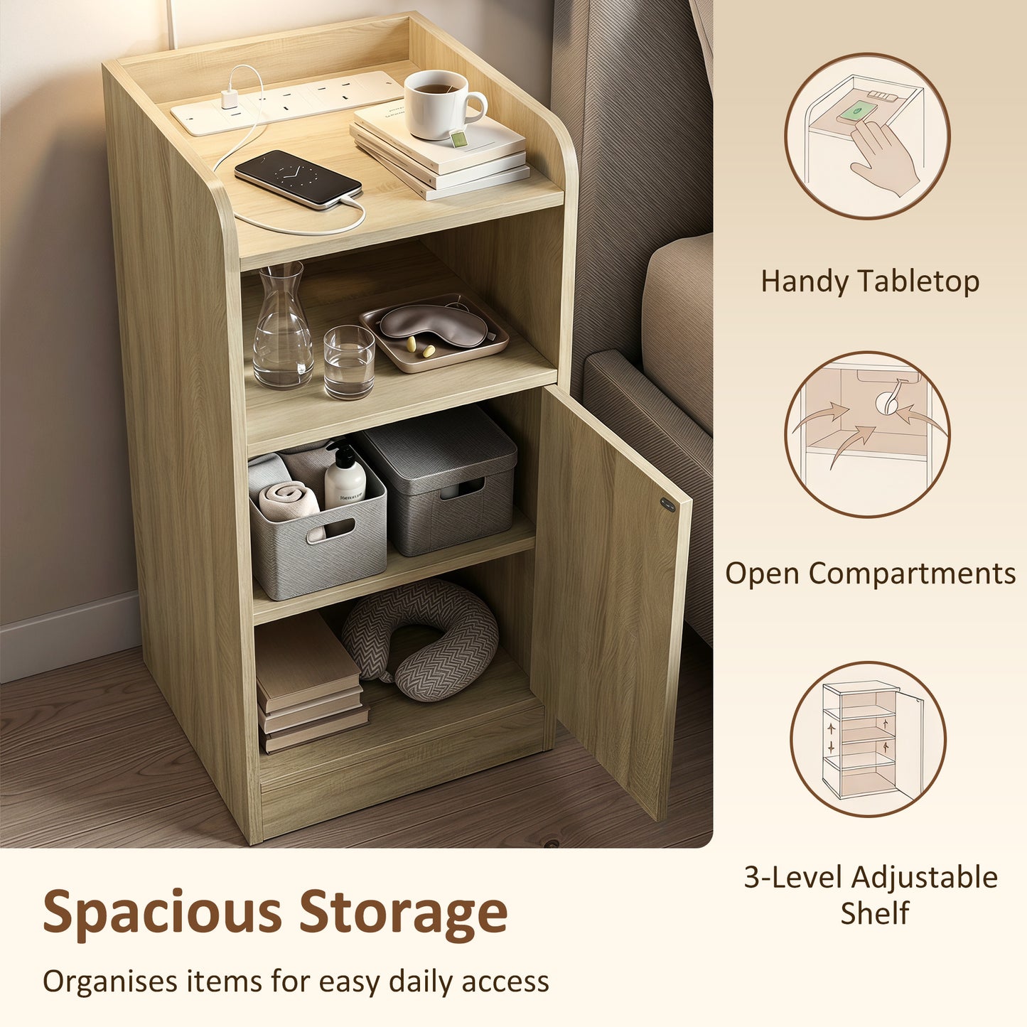 Slim Bedside Table Set of 2 with Charging Station, Narrow Bedside Cabinet with Adjustable Shelf, Oak
