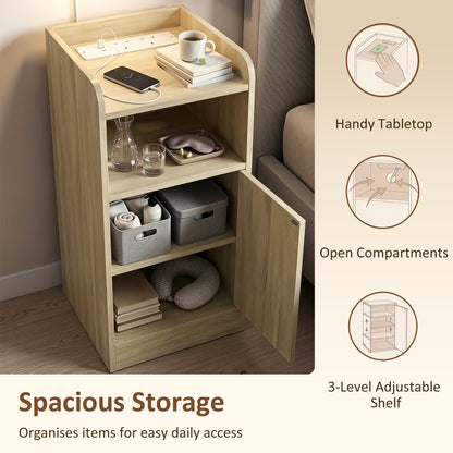 Slim Bedside Table Set of 2 with Charging Station, Narrow Bedside Cabinet with Adjustable Shelf, Oak