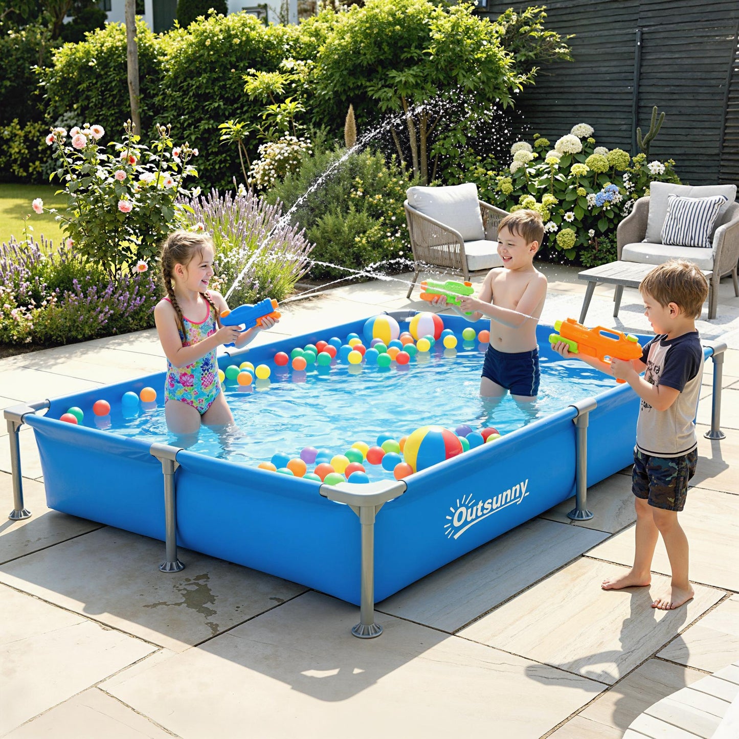 Metal Frame Swimming Pool, Rectangular Above Ground Frame Pool with Repair Patch, 229 x 160 x 43 cm, Blue