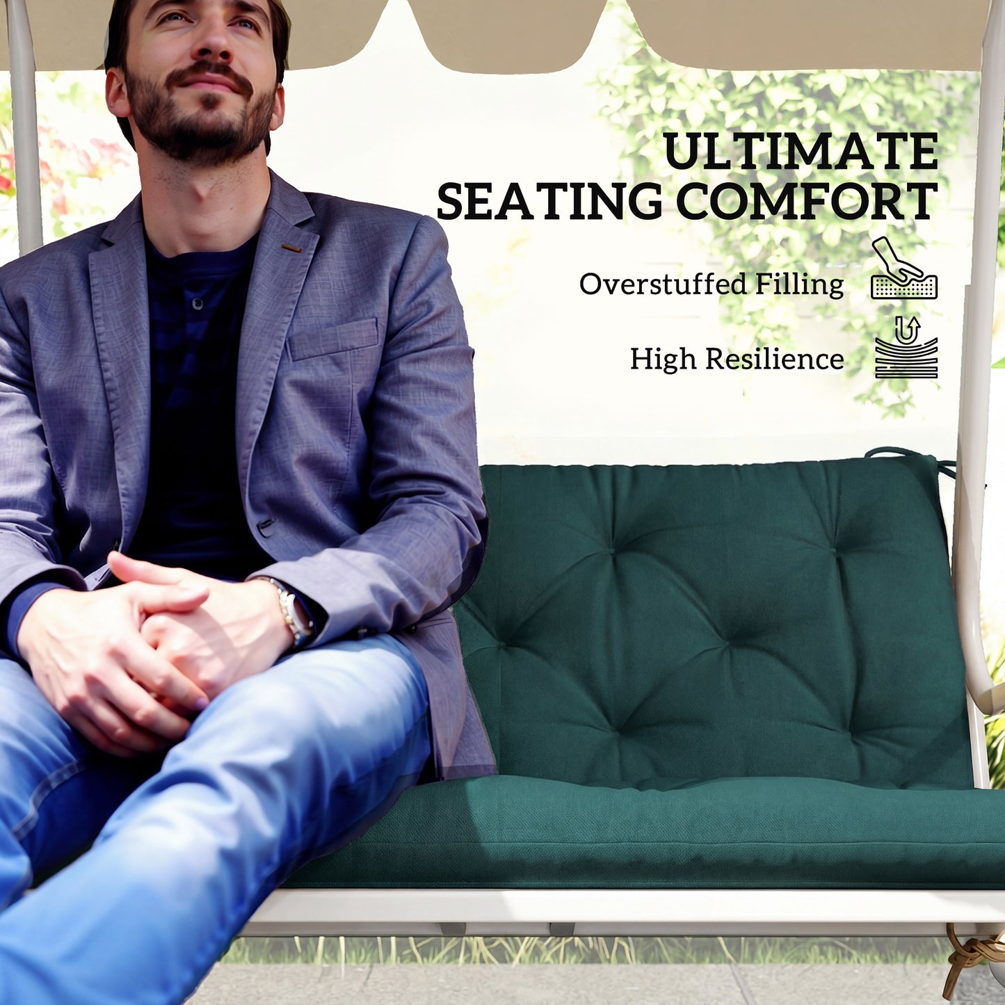 2 Seater Bench Pad, Garden Chair Cushion with Back and Ties for Indoor and Outdoor Use, 98 x 100 cm, Green