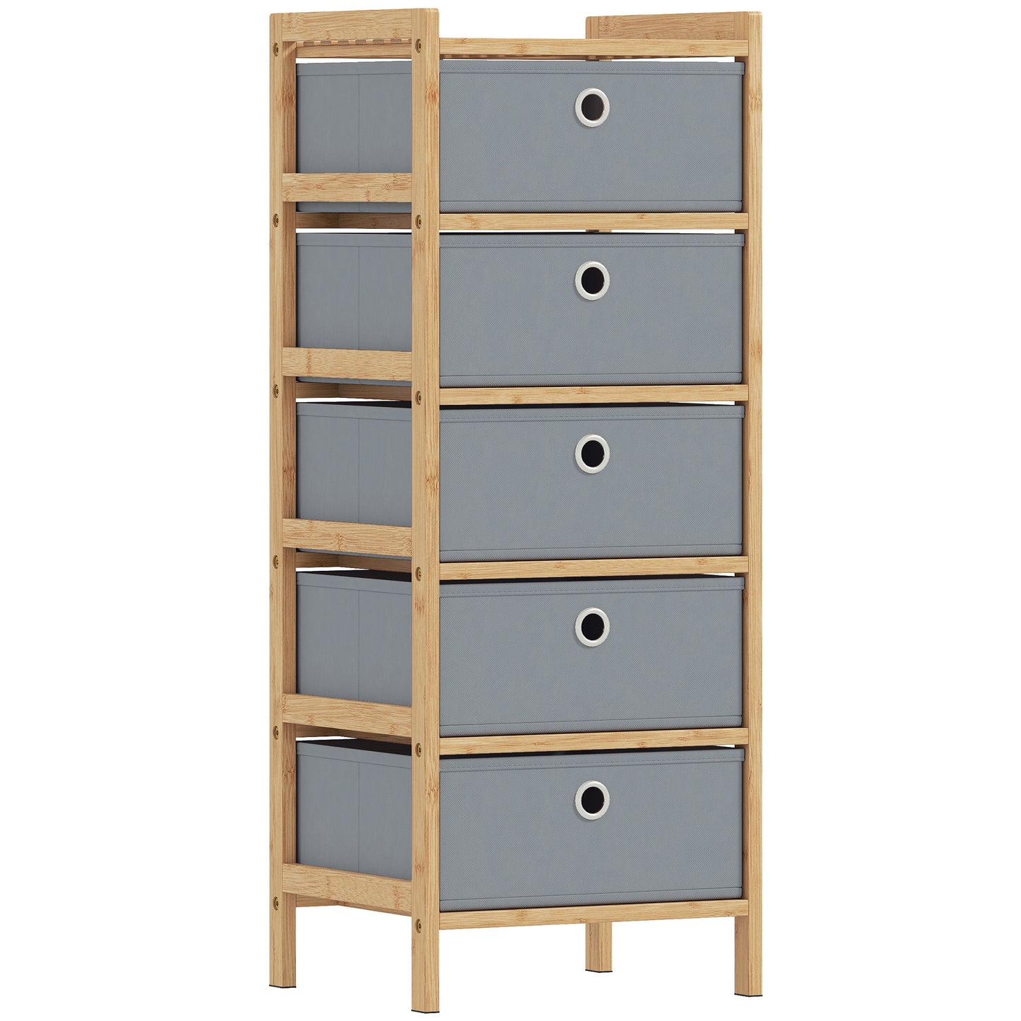 Chest of Drawers, 5 Fabric Drawers Narrow Dresser with Bamboo Frame, Light Grey