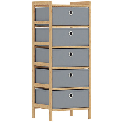 Chest of Drawers, 5 Fabric Drawers Narrow Dresser with Bamboo Frame, Light Grey