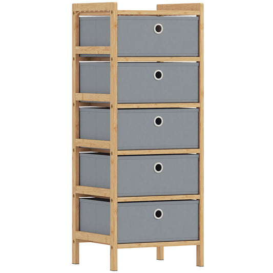 Chest of Drawers, 5 Fabric Drawers Narrow Dresser with Bamboo Frame, Light Grey
