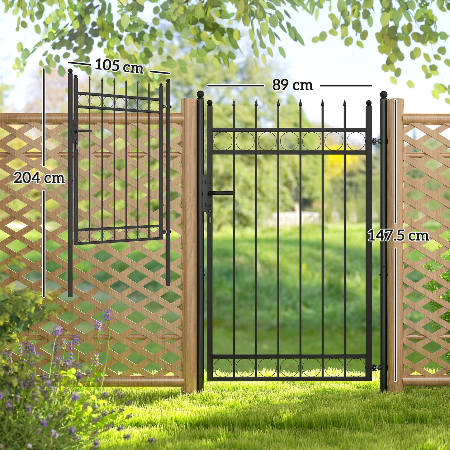 Galvanised Steel Garden Gate, Outdoor Fence Gate Security Barrier with Lock, Keys and Handle, Outdoor Entrance Way Door