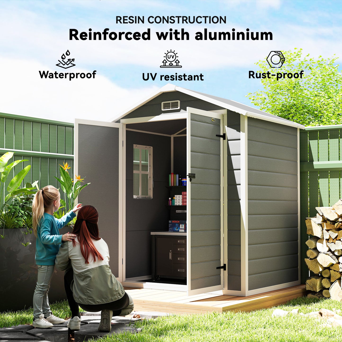 6x4.5ft Garden Storage Shed, Lockable Shed for Small Terraced Gardens with Double Doors, Window, Vent and Plastic Roof