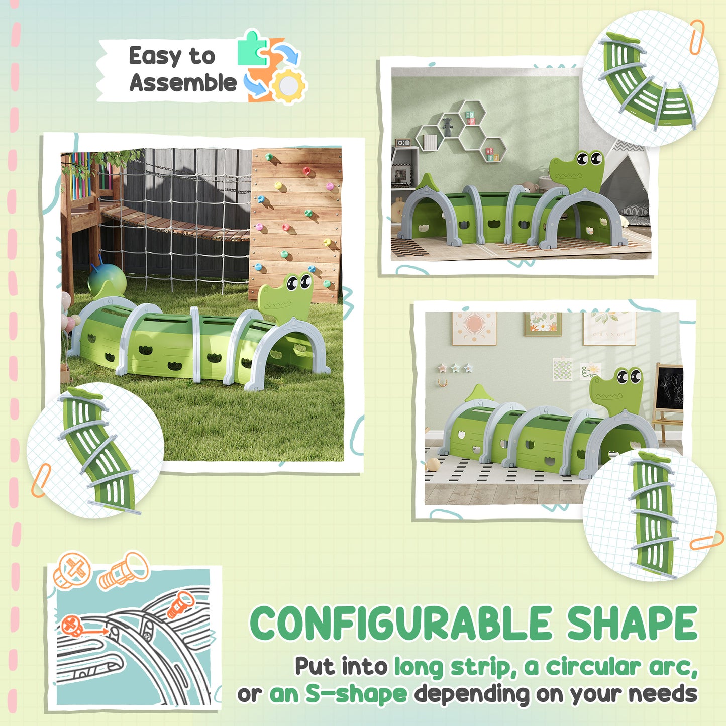 Crocodile Design Kids Play Tunnel for Ages 3-6 Crawl and Climb