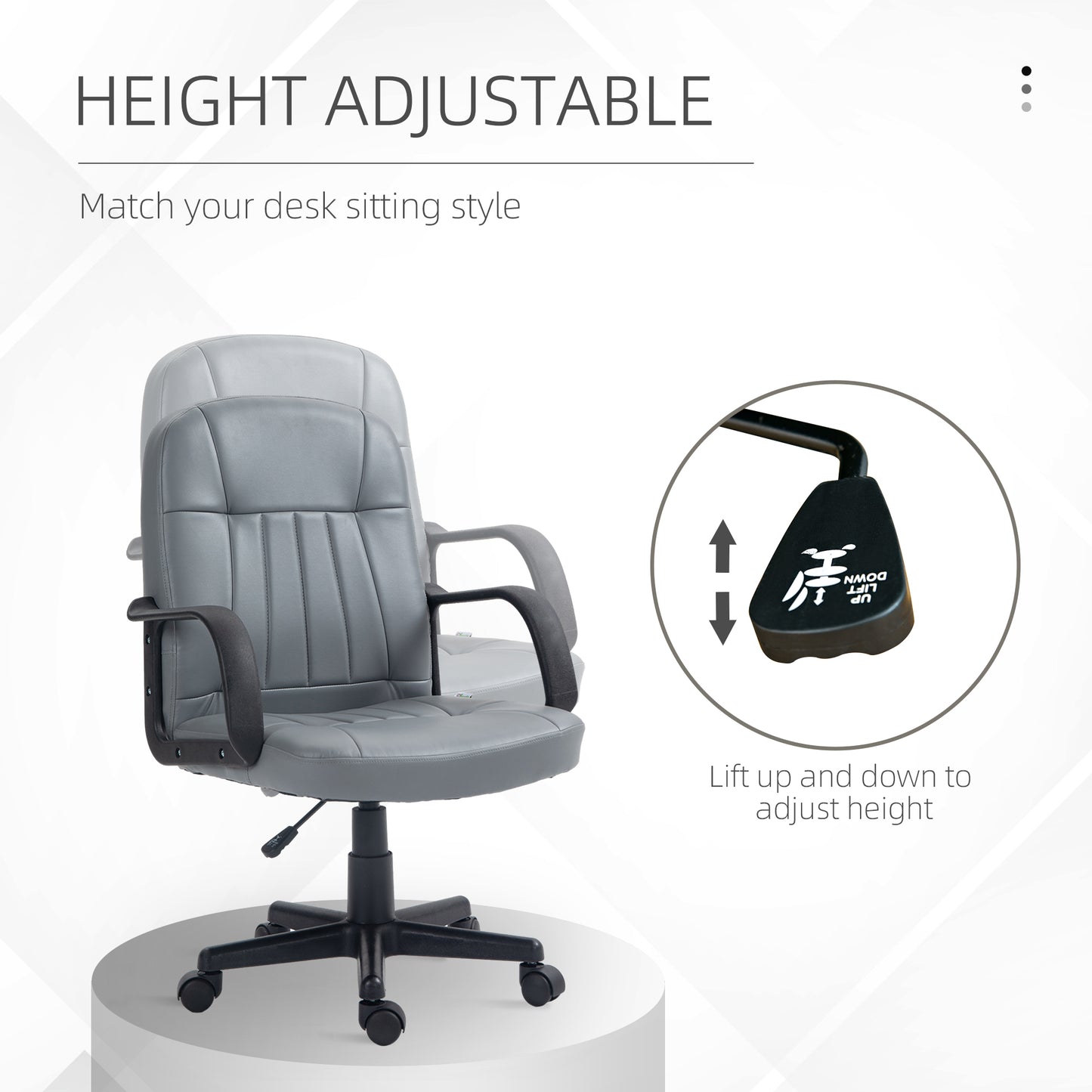 Desk Chair, PU Leather Computer Office Chair with Adjustable Height, Swivel Wheels for Home Work Study, Grey