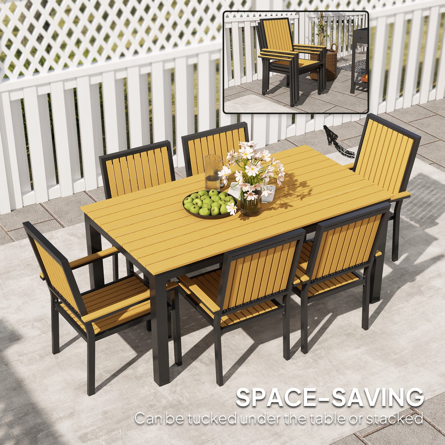 6 Seater Garden Dining Set with Stackable Chairs, Aluminium Frame, Rectangular Plastic Top, Garden Furniture Set, Nature Wood