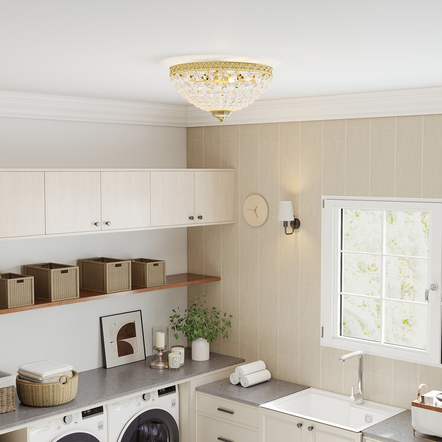 Crystal Chandelier Ceiling Light with 168 Octagonal Beads, Vintage 2-Light Flush Mount Ceiling Light for Living Room