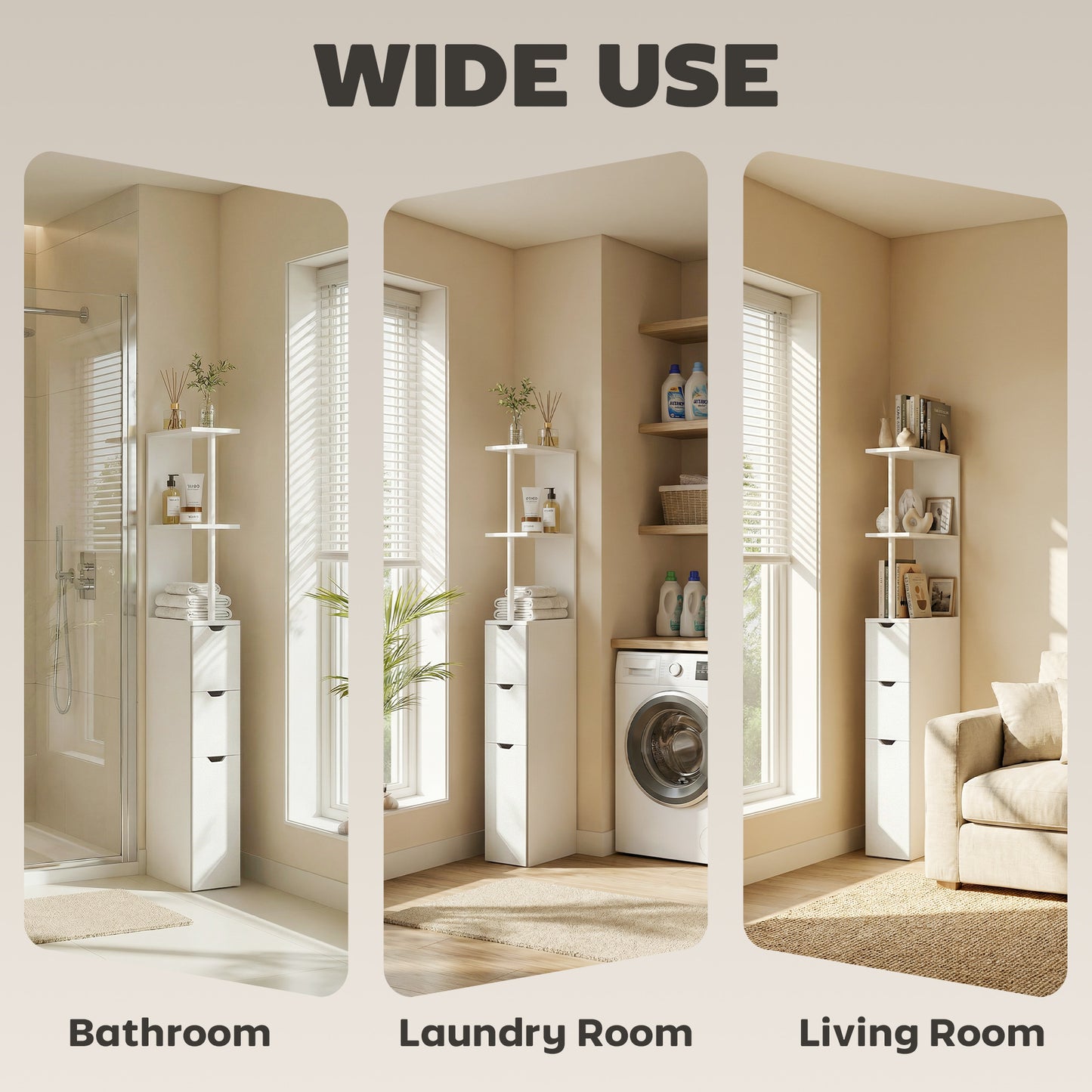 Slim Bathroom Storage Cabinet with Drawers, Tall Bathroom Cupboard with 2-Tier Shelf, White
