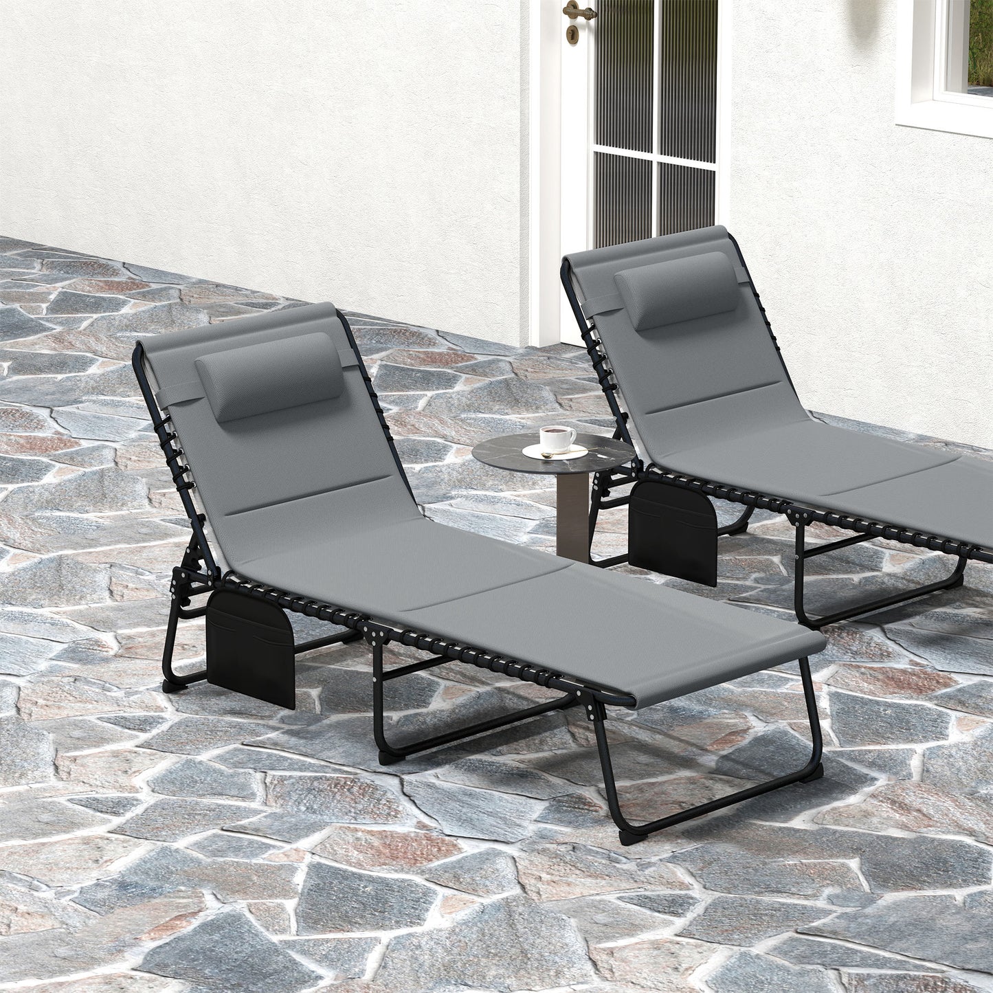 Set of Two Reclining Sun Loungers - Charcoal Grey