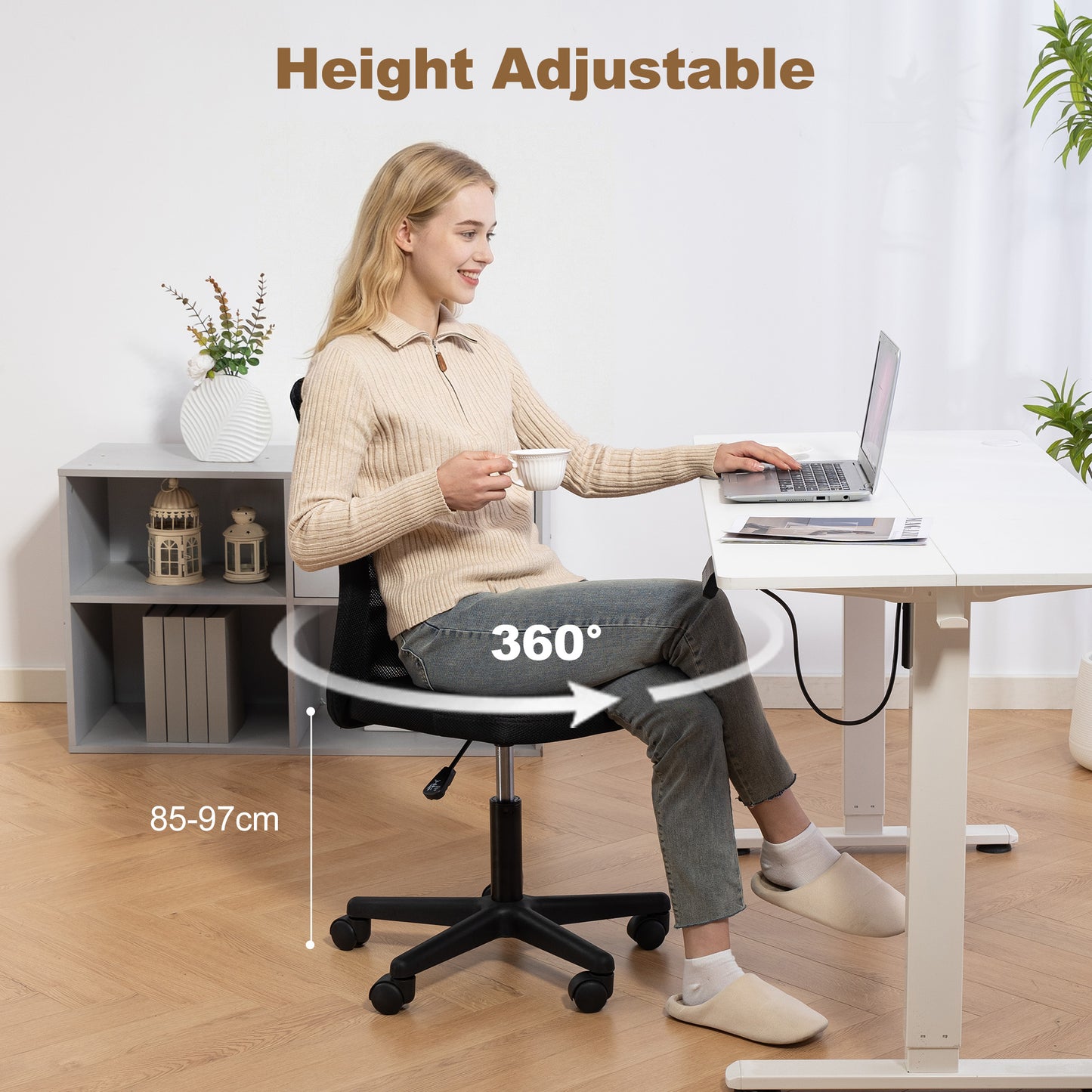 Computer Desk Chair, Armless Mesh Office Chair with Adjustable Height and Rolling Wheels, Black