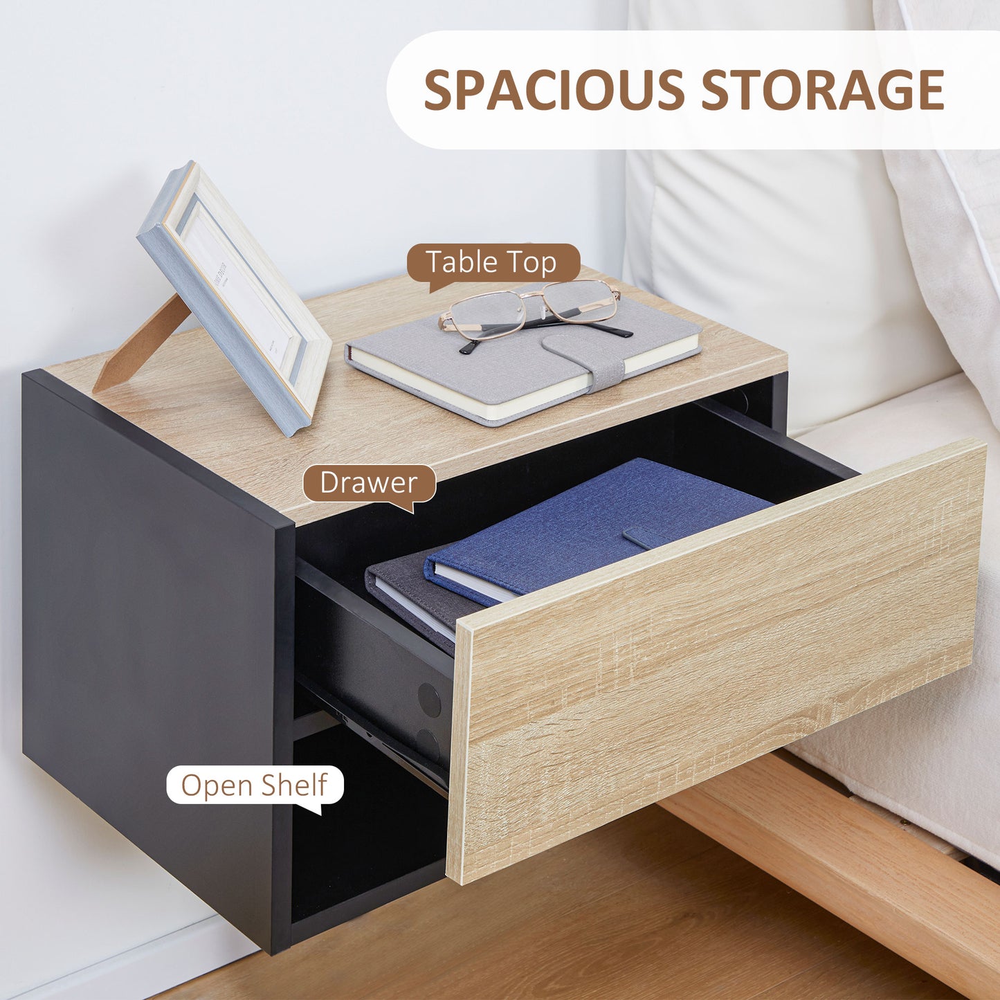 Floating Bedside Table Set of 2, Wall Mounted Bedside Cabinet with Drawer and Open Shelf, Modern Nightstand for Bedroom
