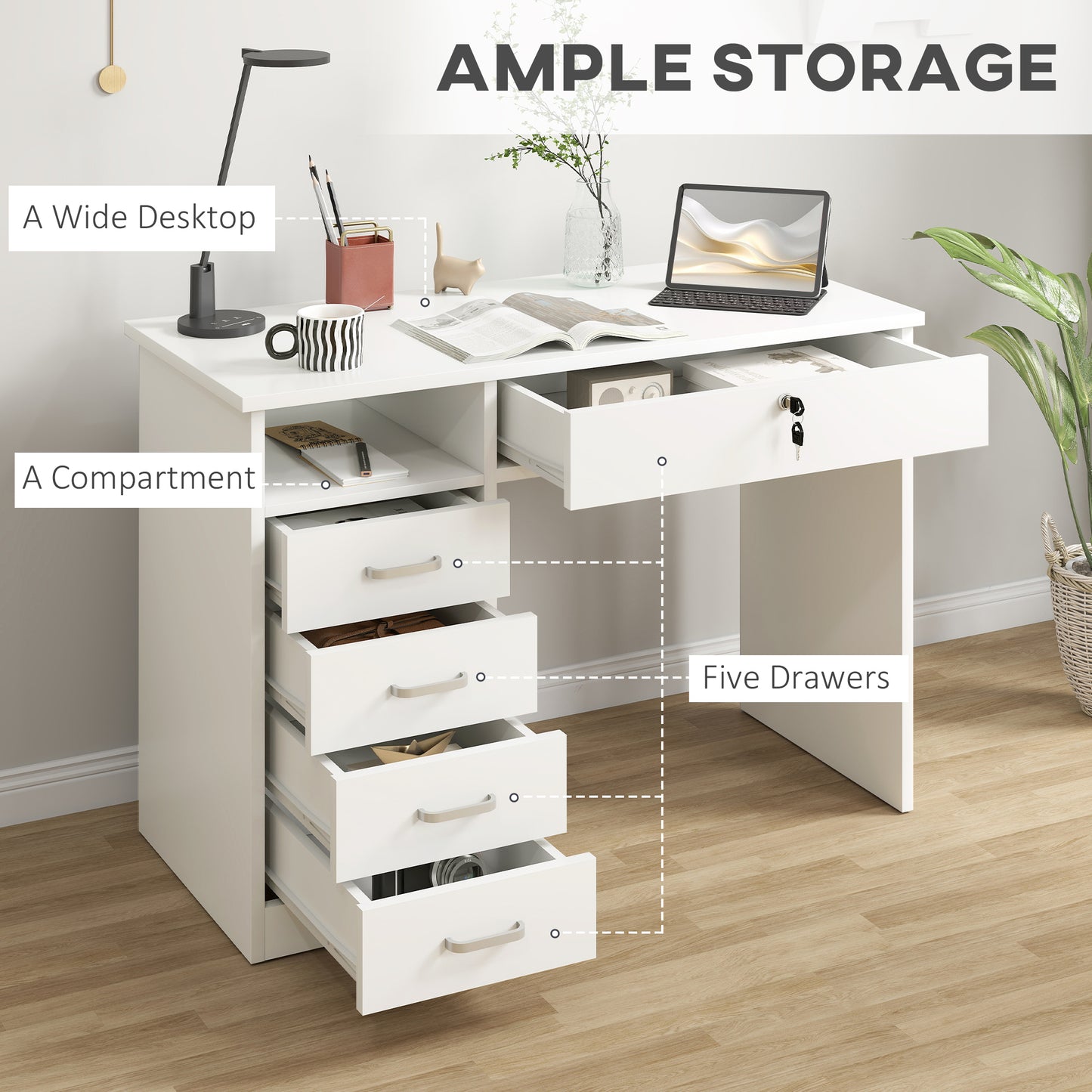 Computer Desk, Home Office Desk with Lockable Drawer, Storage Shelf for Study Bedroom, 110 x 50 x 76 cm, White