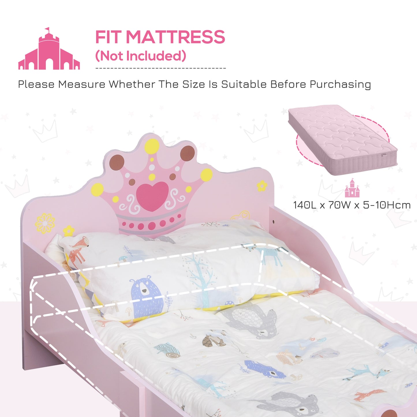Kids Toddler Bed Princess Crown Theme Safety Side Rails Slats Home Bedroom Furniture Boys Girls 3-6 Years Pink 143 x 73 x 60