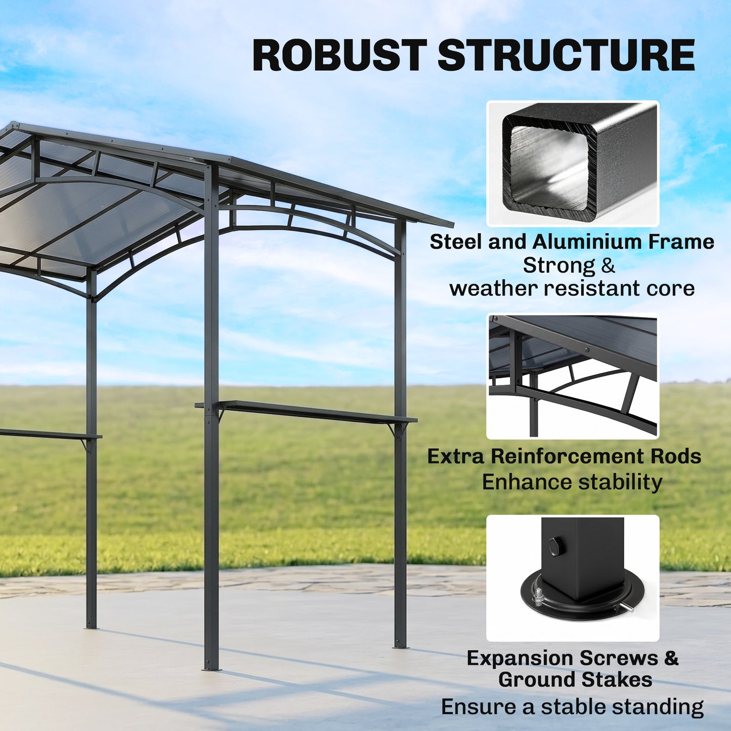 246 x 149cm Outdoor BBQ Protective Gazebo Tent Aluminium Steel Frame w/ 2 Shelves Hardtop Roof Canopy Ground Stakes Safe Cook