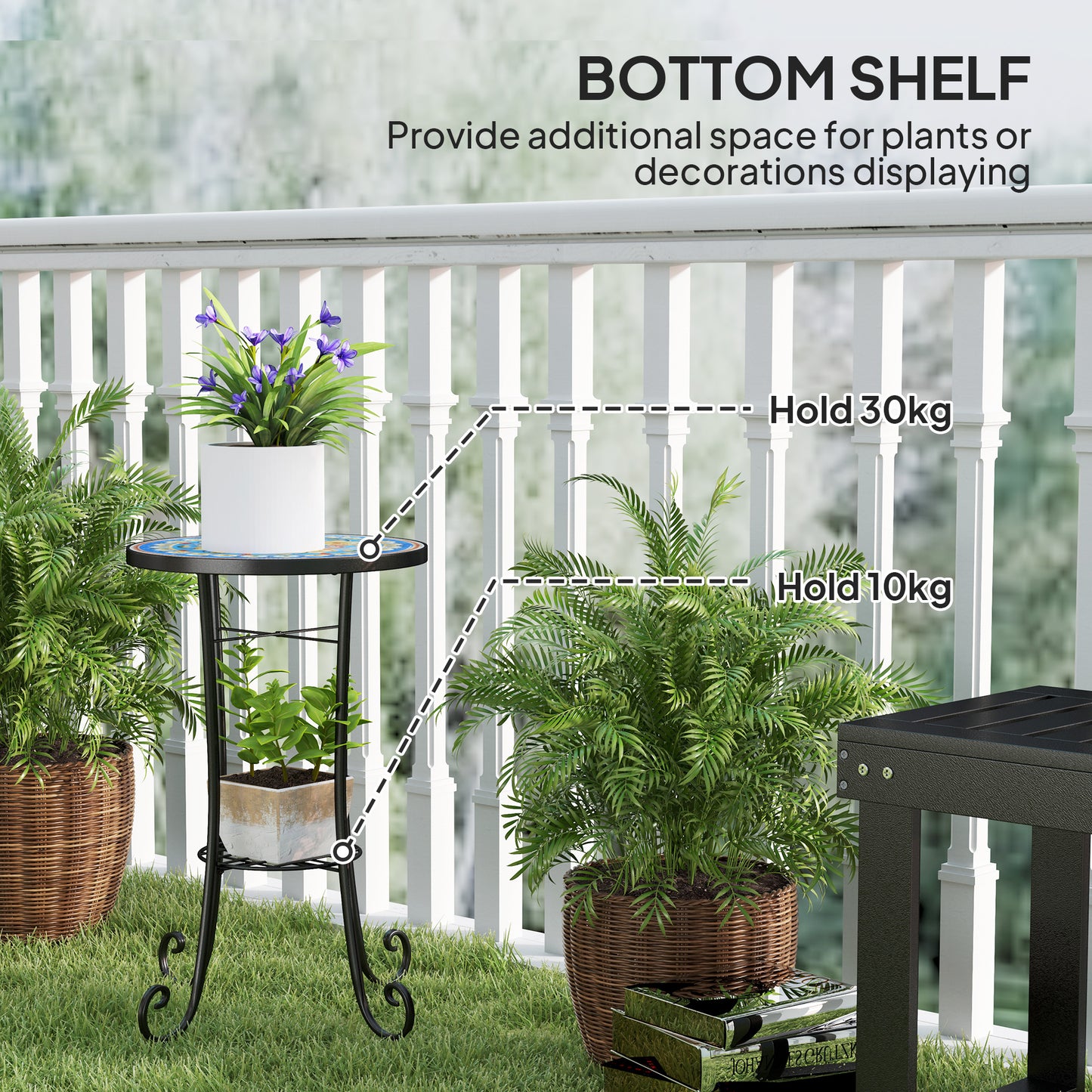 Mosaic Garden Table, 35.5 cm Round Outdoor Table with Shelf, Ceramic Tile Top