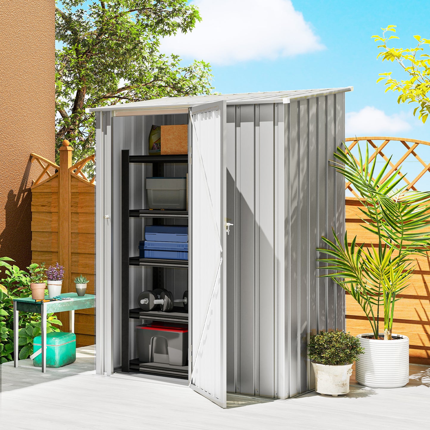 5ft x 3ft Garden Storage Shed, Outdoor Metal Shed with Sloped Roof, Aluminium Grey