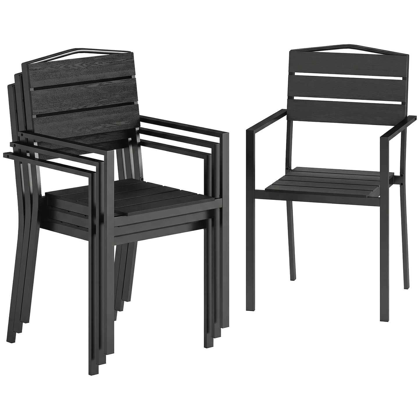 Stackable Garden Chairs Set of 4, Garden Dining Chairs with Slatted HDPE Seat Back, Armrests, Metal Frame, Black