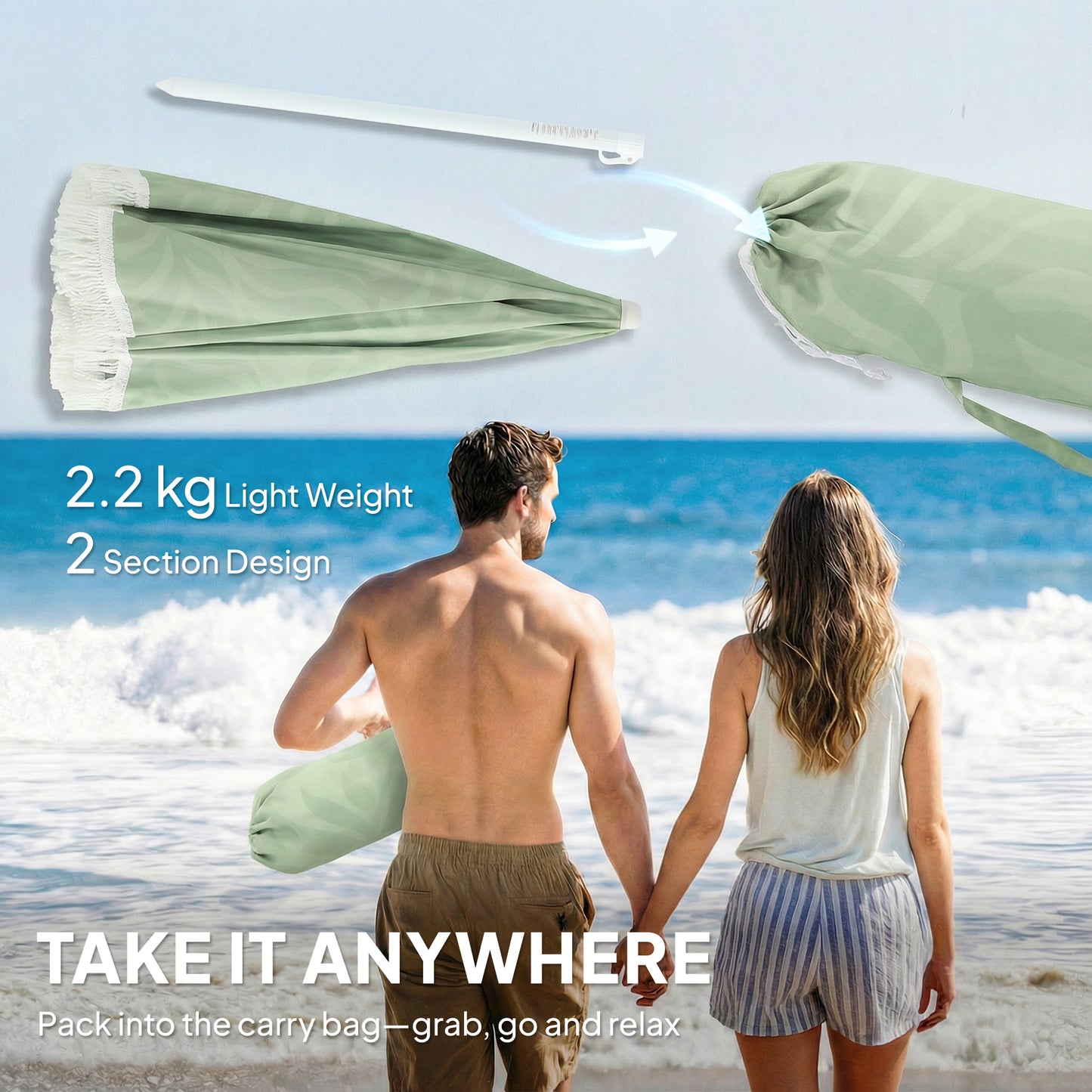 1.8 m Beach Umbrella Parasol with Sand Anchor, Portable Tilting Garden Parasol with Adjustable Height, Green