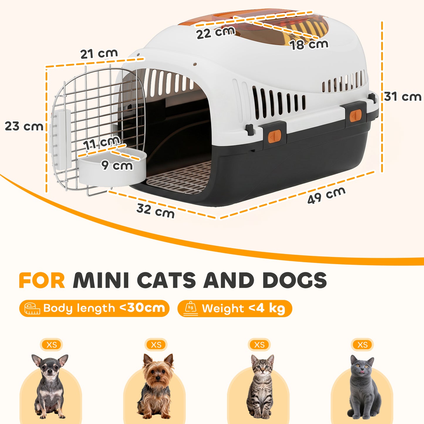 Plastic Pet Carrier Hard Shell Dog Cat Carrier Max 4 KG Steel Door Feed Bowl Secure Lock 49 x 32 x 31 cm