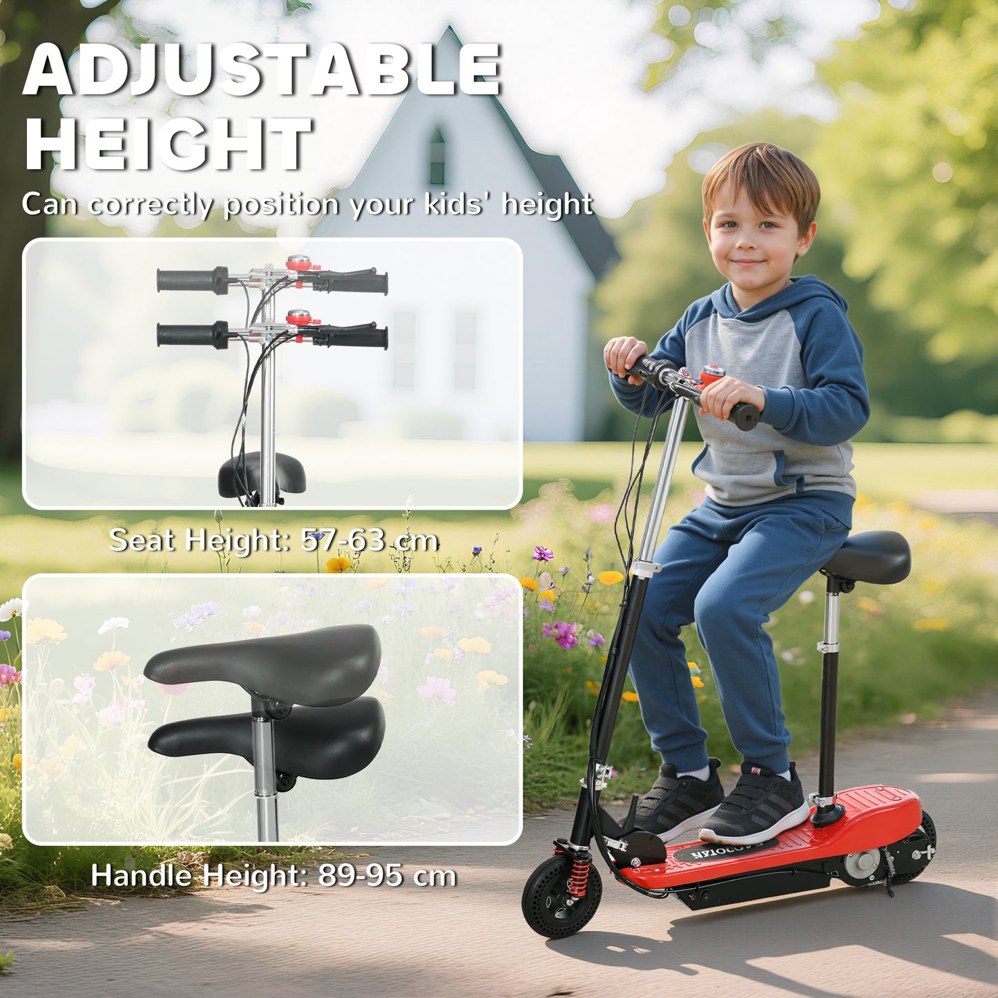 Steel Ride on Powered Scooter, Folding E-Scooter with Warning Bell, 15km/h Maximum Speed, for 6-14 Years Old, Red