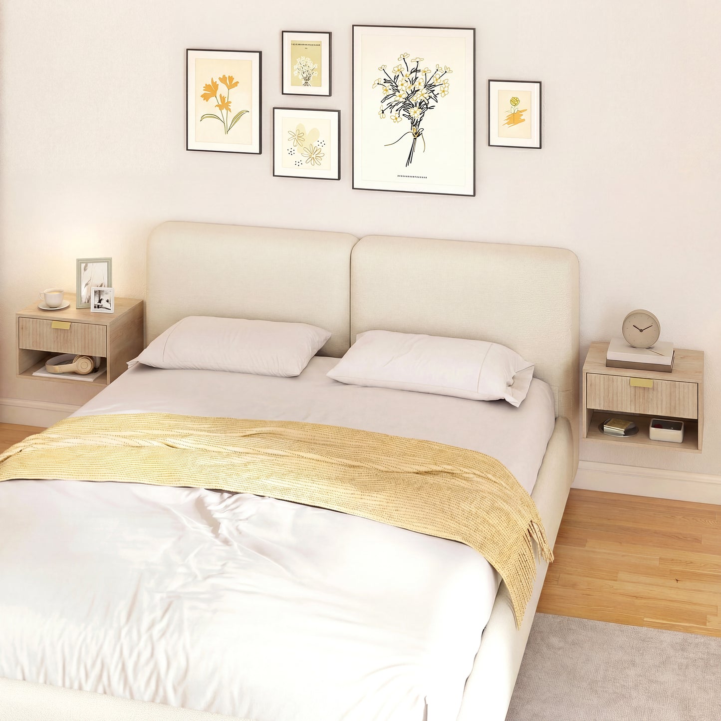 Set of 2 Wall Mounted Nightstands, Floating Bedside Tables with Fluted Drawer and Open Shelf for Small Bedroom, Oak
